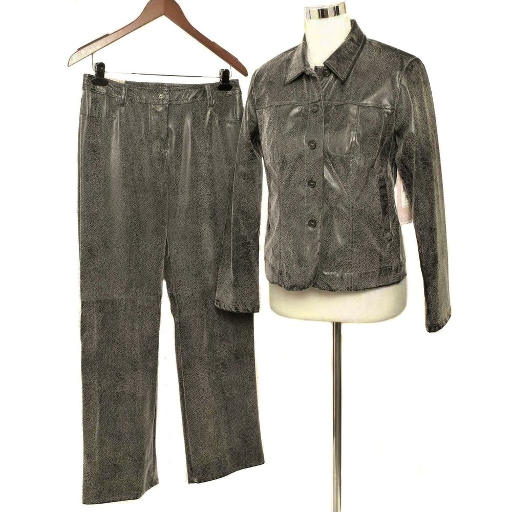 ERIN LONDON Distressed Gray Faux Vegan Leather Jacket & Pant Set NWT